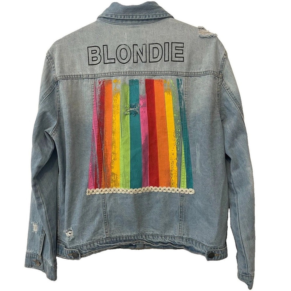 Judith March Rainbow Denim Jacket Distressed Size L Oversized Light Wash No Tag
